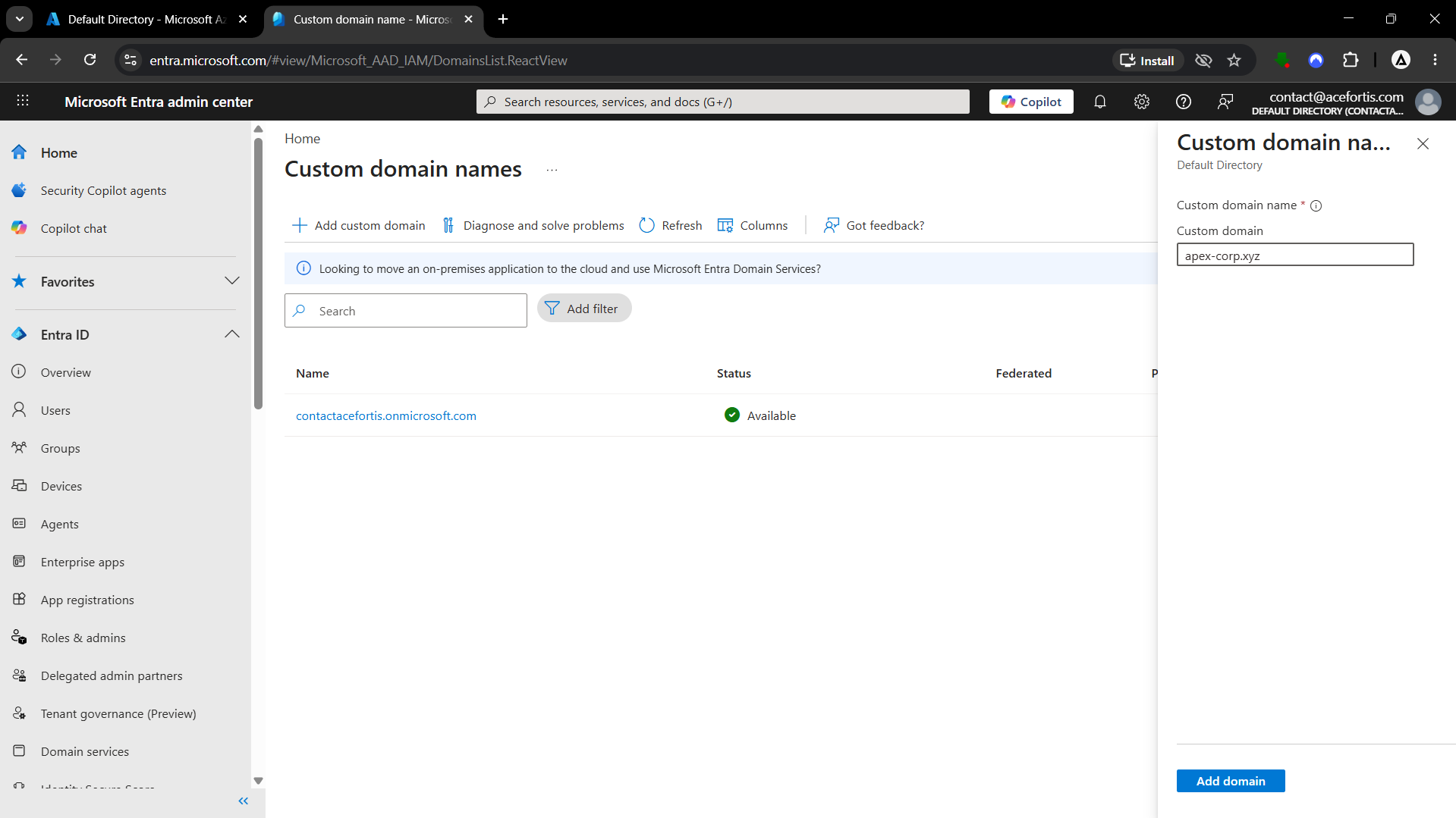 Entra ID Custom Domain Names page showing apex-corp.xyz added with a TXT verification record to add to DNS